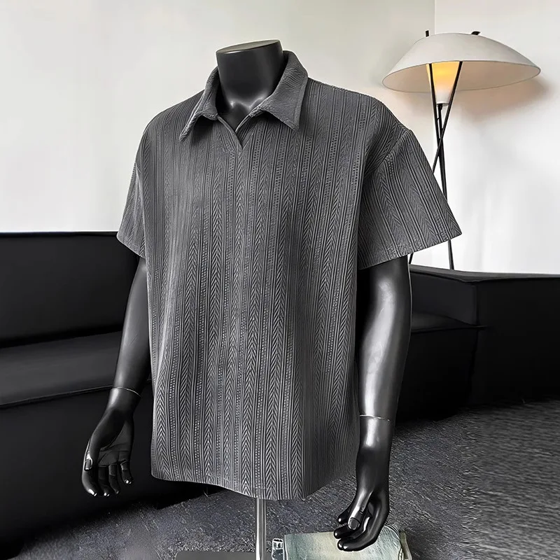 Camicia Estiva da Uomo Trendy a Mezza Manica con Colletto Polo in Jacquard Grigio Fantasia, Taglie Forti, Collezione Lapel Youth 2026