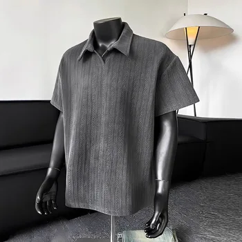Camicia Estiva da Uomo Trendy a Mezza Manica con Colletto Polo in Jacquard Grigio Fantasia, Taglie Forti, Collezione Lapel Youth 2026