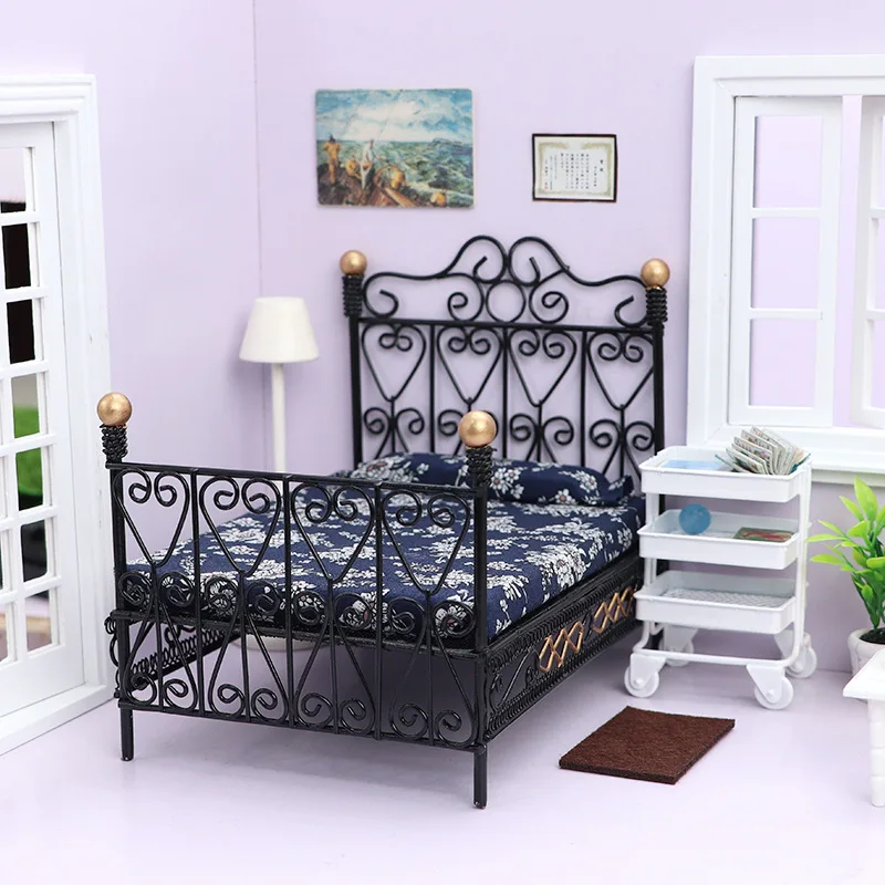1:12 Dollhouse Mini Single/Double Bed Home Bedroom Furniture Toy Gift Living Room Furniture Model Beautiful Handmade Iron Toy 2