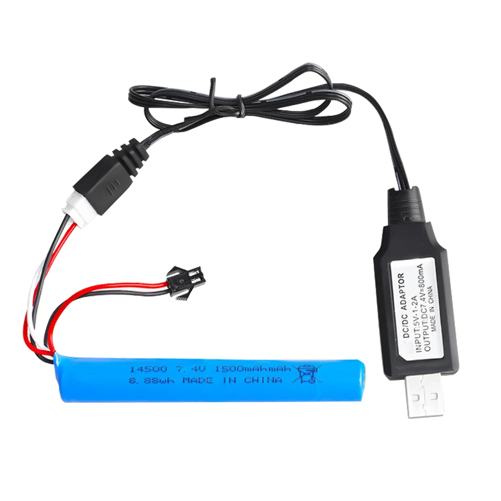 7.4V 1500mAh 14500 Li ion battery with USB Charger For water gun 2S 7 ...