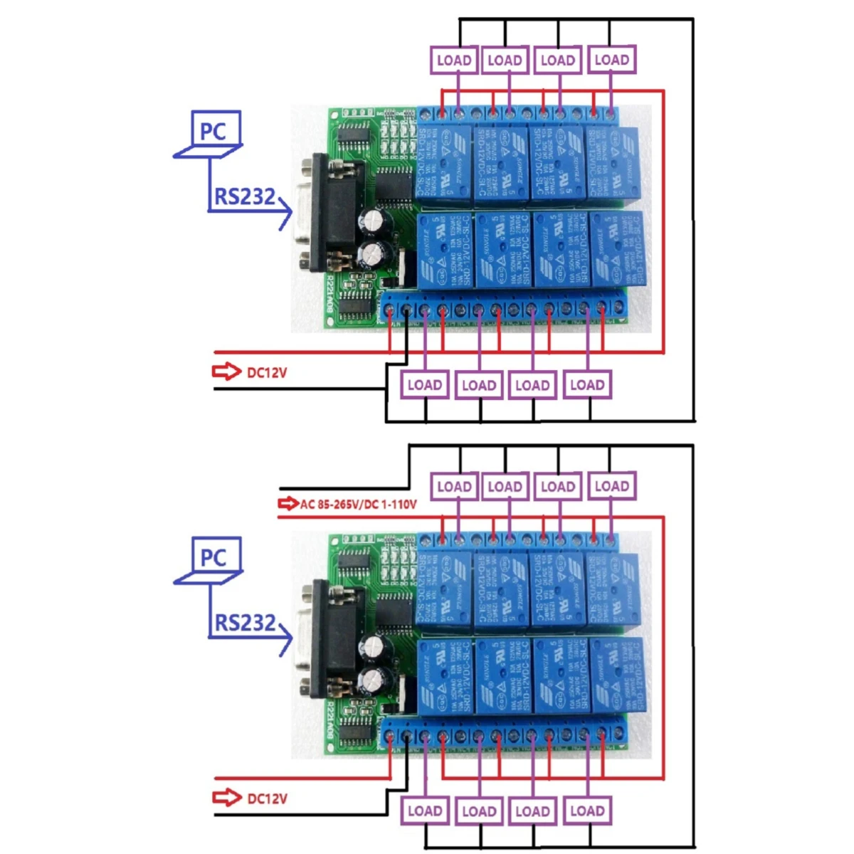 

R221A08 12VDC 8ch Serial Port Relay DB9 UART RS232 Switch for control Home lighting Electric water heater