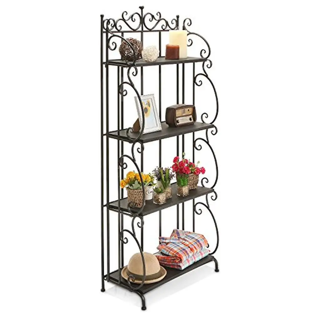 Black Metal Decorative Bakers Rack with 4 Tiered Shelves and Scrollwork Frame Indoor Plant Stand and Bookshelf Organizer 3