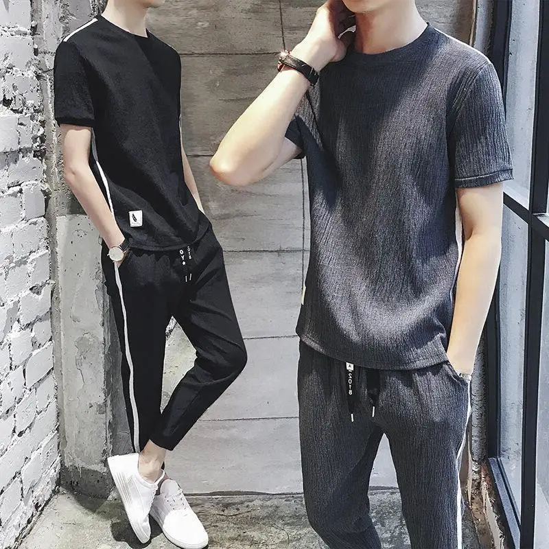 Slim Fit Top Male Plain Stretch Chic Grey Clothes for Men Casual Pants Sets Cool No Logo T Shirt Basic Kpop Aesthetic Sportswear male t shirt shorts sets polo chic clothes for men xl sweatpants 2023 trend offer free shipping 5xl baggy luxury basic gym o top