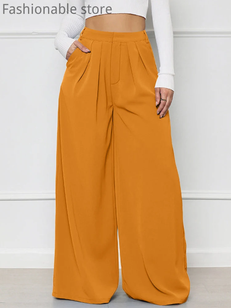 

Women High Waist Solid Color Wide Leg Pants No Belt