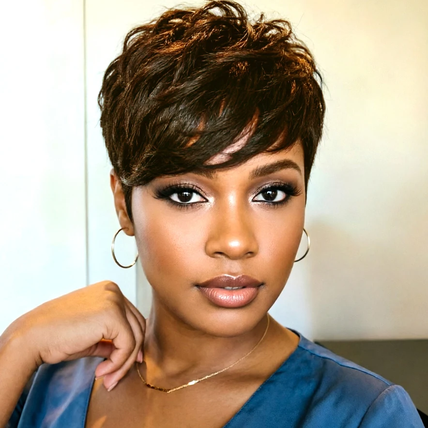 Parrucca Pixie Cut in Capelli Umani, Parrucca Corta a Strati per Donne, Capelli Umani Brasiliani, Interamente Realizzata a Macchina - immagine 2