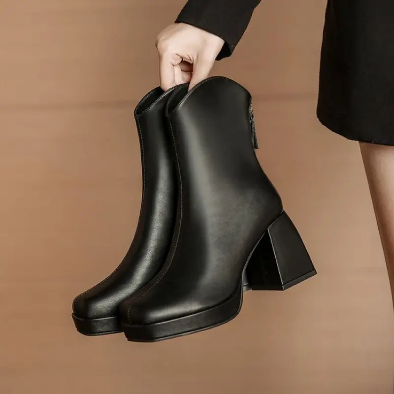2024 New Fashion Casual Winter Warm Plush Zippers Ankle Boots Ladies Elegant Thick High Heel Fashion Square Toe Short Boots