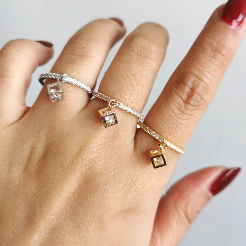 SINLEERY Charm Cubic Zirconia Crystal Inside Hollow Square Pendant Rings For Women Girls Gold Color Wedding Jewelry crystal rings zircon rings stone rings fashion rings gold rings wedding rings fashion ring finger rings metal rings