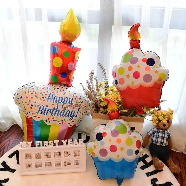 Grands ballons en aluminium de bougie de gâteau d'anniversaire à 3 couches avec des rayures et des pois, accessoires Photo de décoration de fête 4