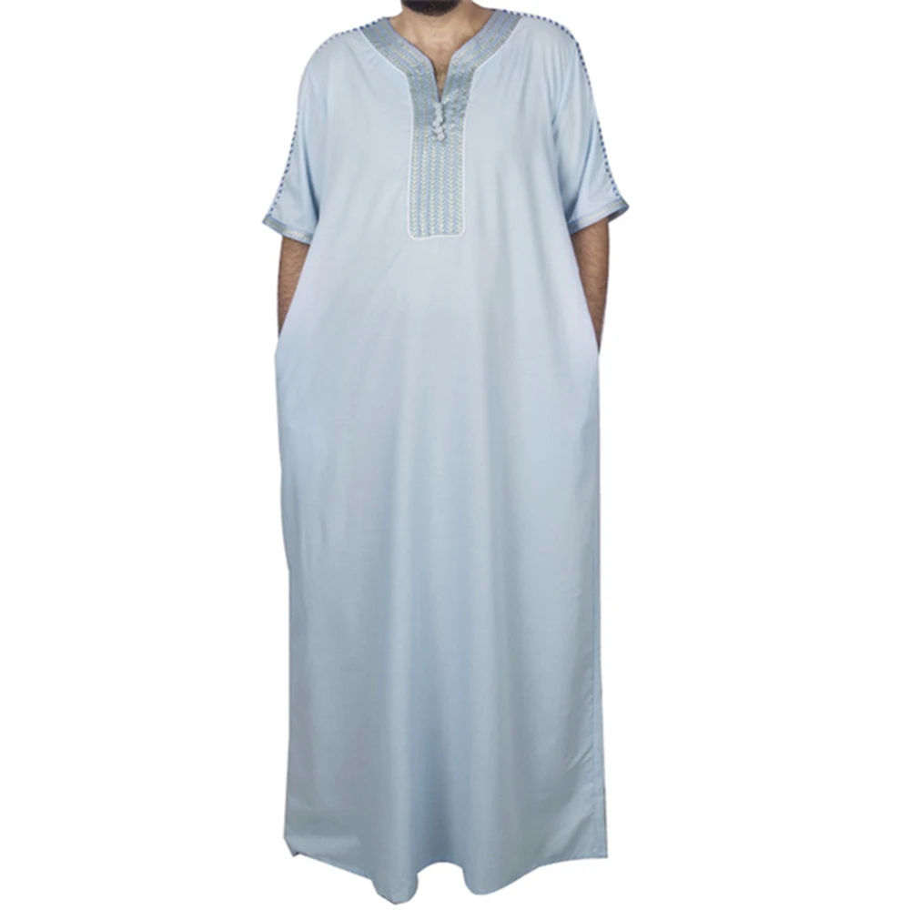 Summer Fashion Style Muslim Men Half Sleeve Polyester Long Jubba Thobe Muslim Fashion Abaya Muslim Men Clothing y can men islamic arabic kaftan muslim fashion long sleeve abaya robes clothing men s robe jubba thobe cotton y201004