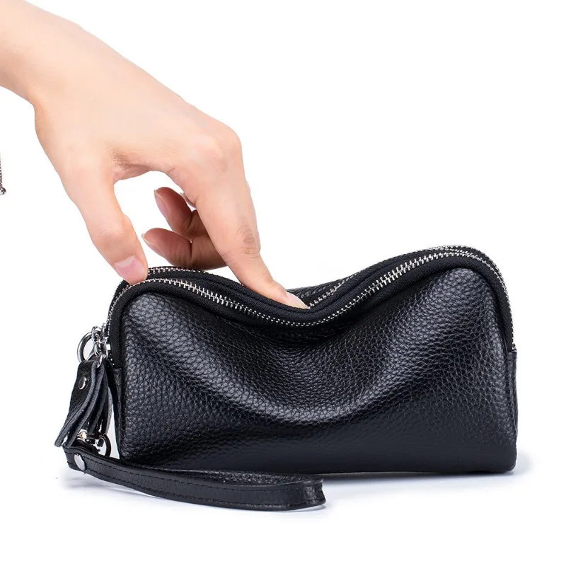 Genuine Leather Long Purse Ladies Can Hand Hold Bag Large Capacity Simple Three Zipper Middle Wrist Grab Bag Wholesale