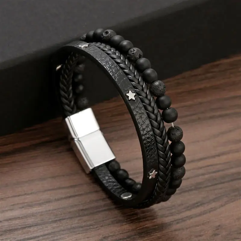 

Trendy Stainless Steel Leather Bracelet Men Classic Fashion Tiger Eye Beaded Multi Layer Leather Bracelet For Men Jewelry Gift