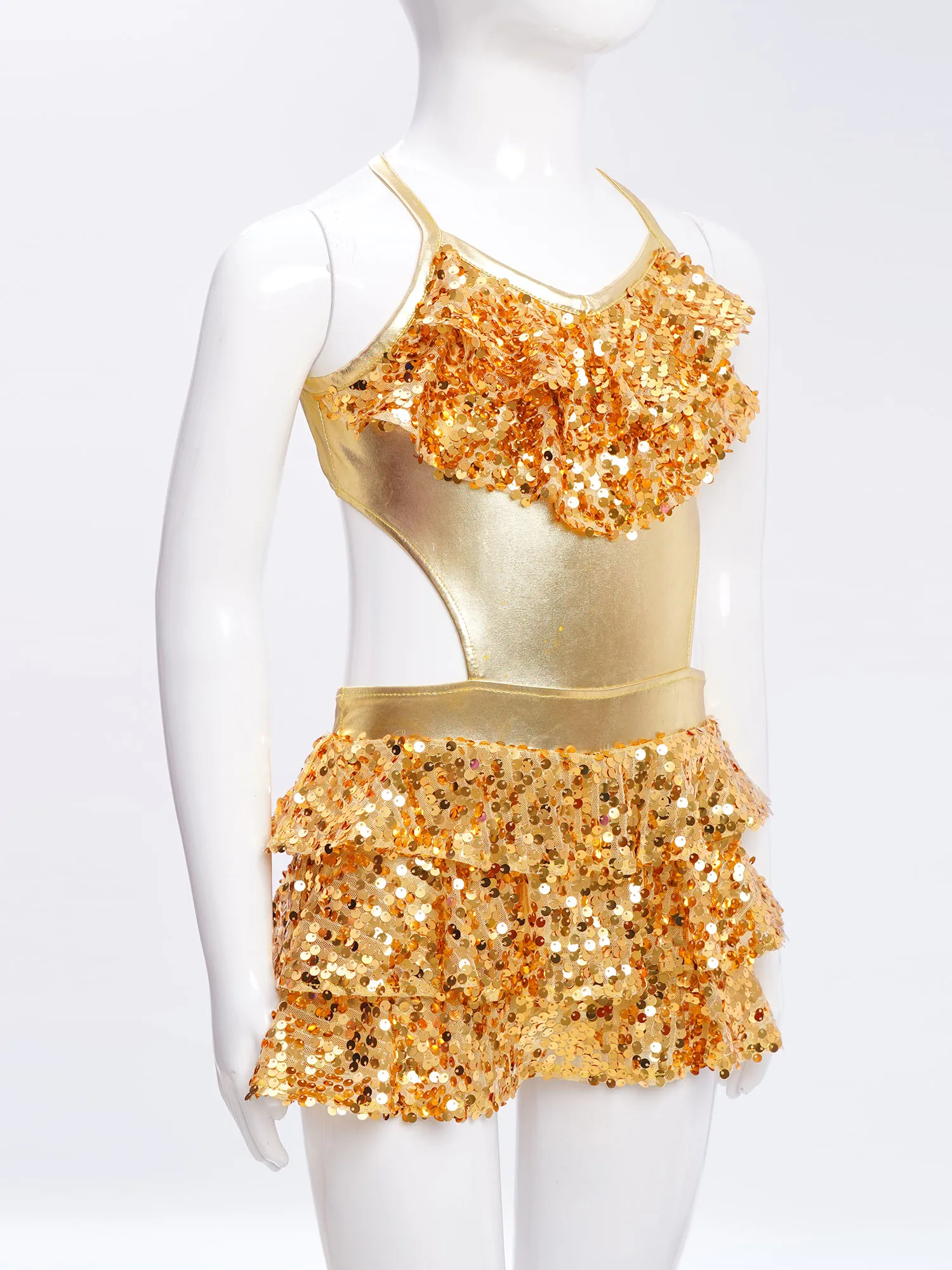 Dance Dress, Dance Bodysuit: Kids Girls Latin Jazz Dance Cha-cha Samba Rumba Performance Costume Sleeveless Sequins Cutout Metallic Tiered Bodysuit Dress