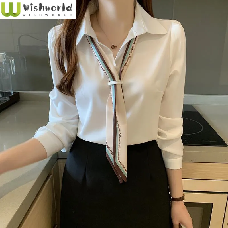 Necktie Decoration Vling Long Sleeved Chiffon Shirt Elegant Women Slim Fit Casual Shirt Office Blouse Street Tops Clothing