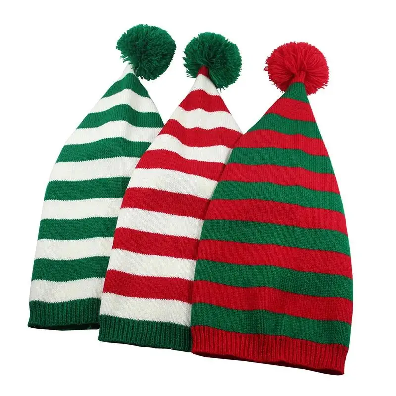 Fashion Adult Christmas Knitted Hat Elf Santa Beanies Claus Red Green Striped Crochet Merry Happy New Year