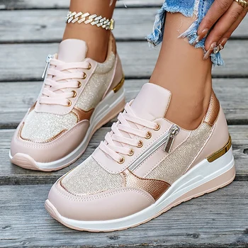 Women's Gold Mesh Wedge Sneakers 2026 Spring Thick Sole Platform Sports Shoes Woman Plus Size 43 Comfort Casual Vulcanized Shoes 1