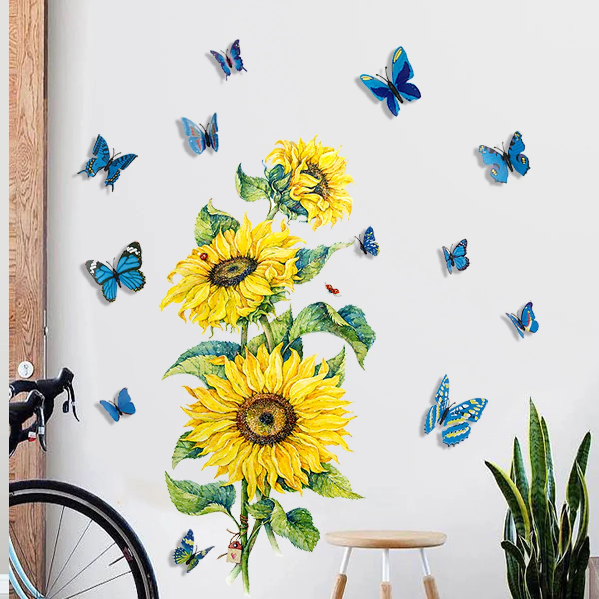 Sunflower Wall Sticker with 12pcs Colorful Butterflies Creative Living Room Bedroom Background Decor 30x60cm