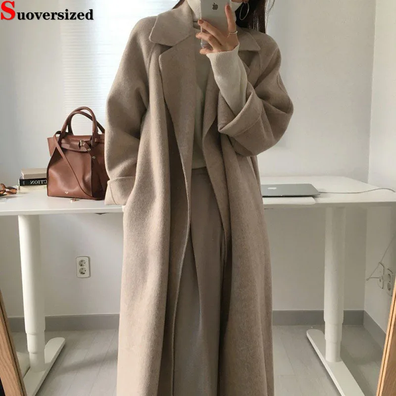 

Winter Belt Long Woolen Coats Korean Fashion Thicken Women's Overcoat Loose Warm Wool Blend Jackets Elegant Luxury New Abrigos