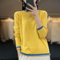 100% Cotton Knitwear Women's Round Neck Sweater Spring And Summer New Loose Color Matching Cotton And Linen Bottoming Shirt - Image 2