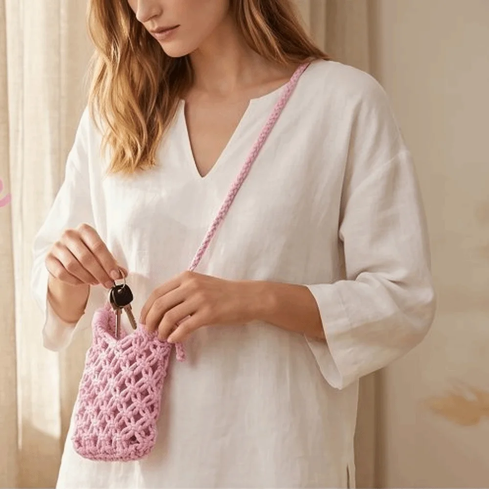 Borsa a tracolla semplice in stile boho per telefono, leggera, tinta unita, intrecciata, mini borsa a tracolla in stile bohémien, regalo - immagine 4