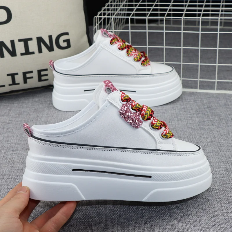 

8CM Leather Round Toe Half Slippers Women's Outerwear Summer All-match Inner Heightening No Heel Slip-On Lazy Sandals Sneakers