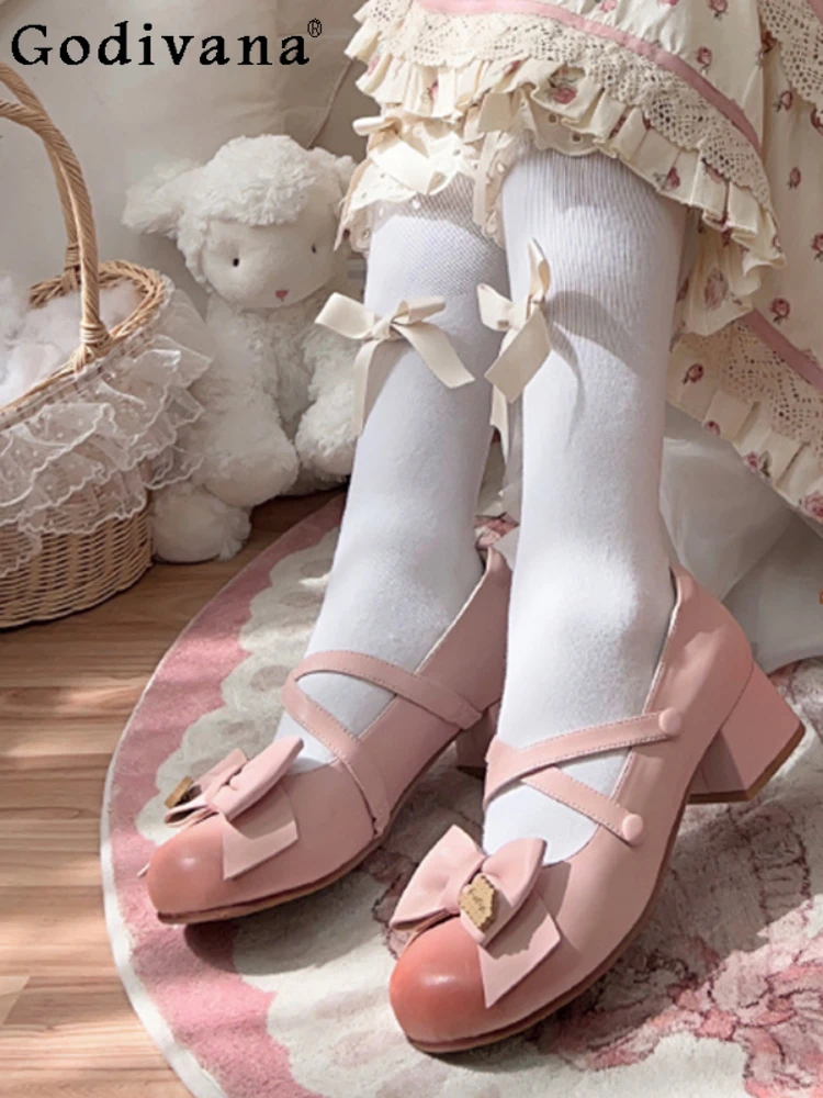 

Pink Sweet Cute Bowknot Round Toe Women Mary Jane High Heels Fashion All-Match Lolita Ankle-Strap Buckle High Heels for Ladies