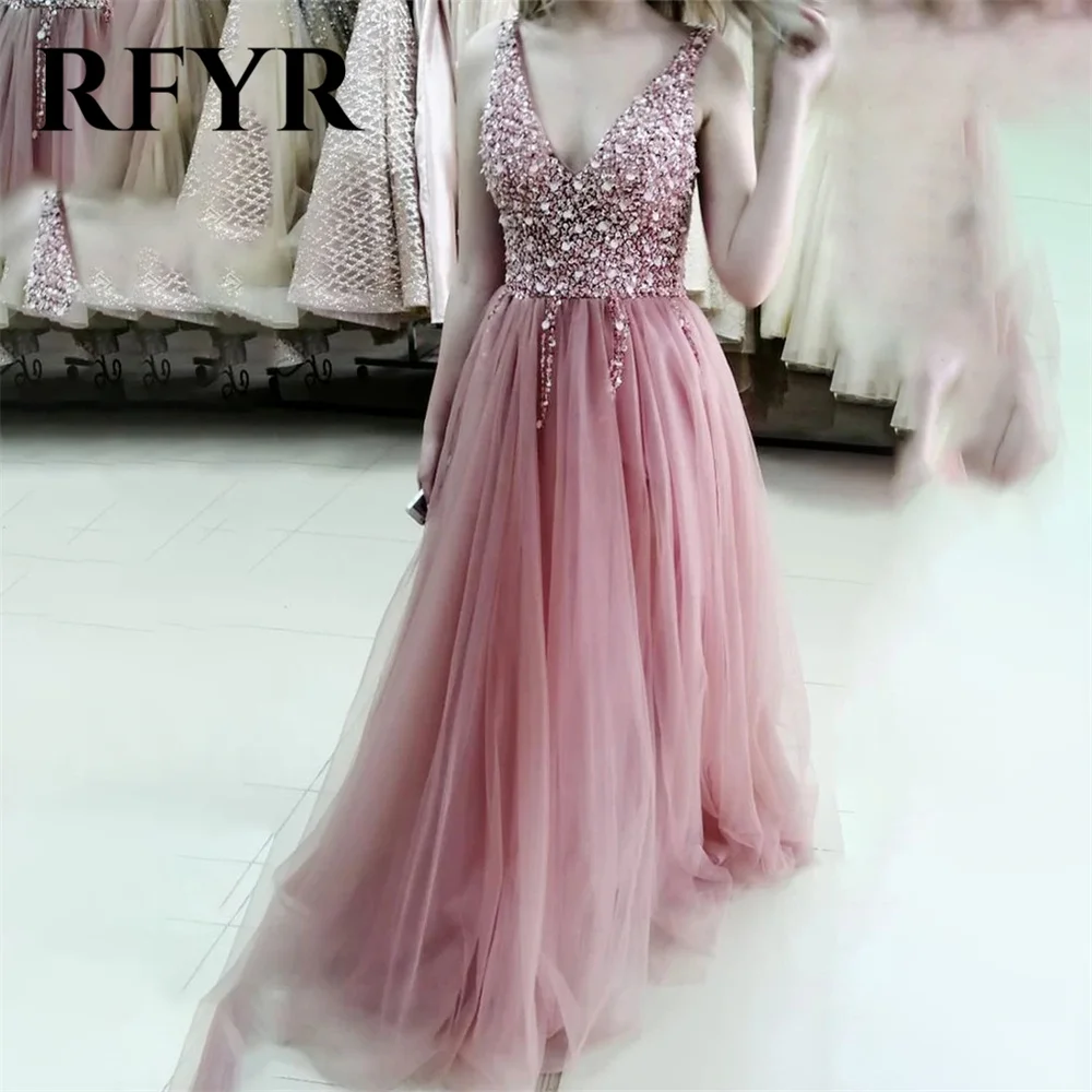 

RFYR Pink Blush Charming Prom Dress Gown V Neck Beading Sequin Formal Gown Tank A Line Net Evening Gown Custom vestidos de noche