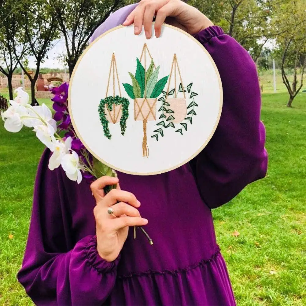 Diy Stamped Embroidery Starter Kit With Flowers Plants Pattern