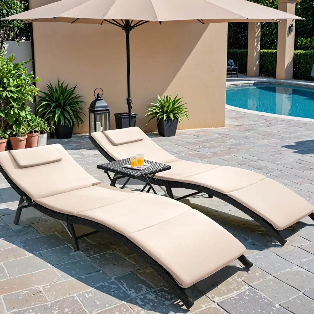 

3 Pieces Patio Chaise Lounge with Cushions Unadjustable Modern Outdoor Furniture Set PE Wicker Rattan Backrest Lounger Chair