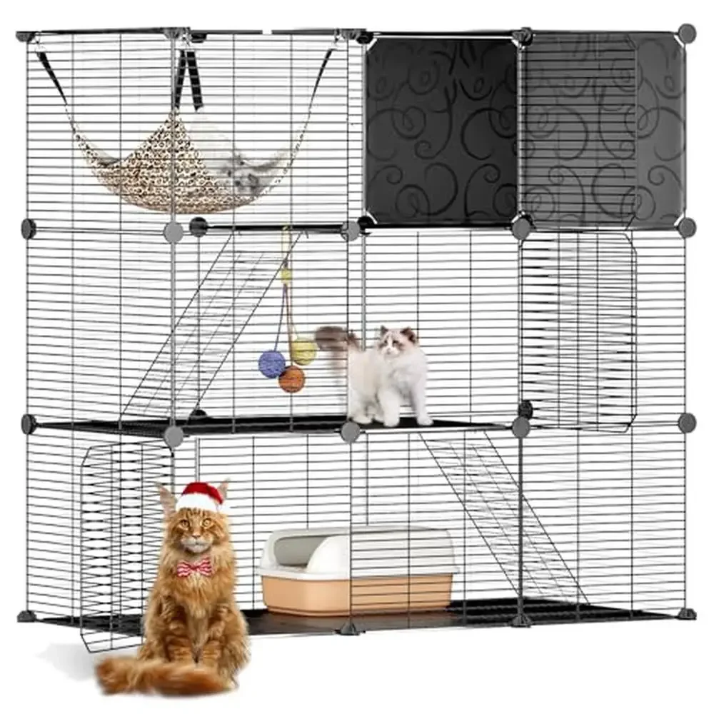 Cat Playpen with Hammock and Toy Ball 3-Tier Indoor Cat Cage 2-3 Cats Easy Assembly Metal Enclosure
