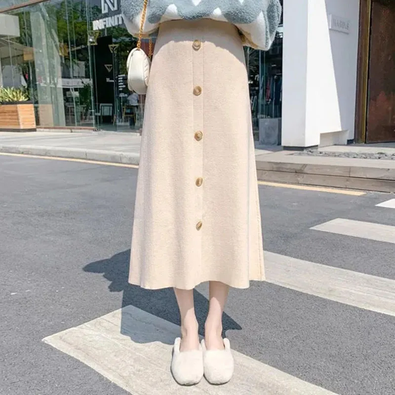 

Hdspq Solid Color Woolen Skirt for Women 2023 Autumn Winter Decorative Button A-Line Skirt Women's High Waist Midi Skirt