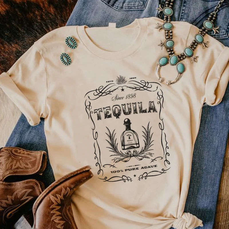

kuakuayu HJN Summer Vintage Women T-Shirts Cute Tequila Drinking T Shirts Cowgirl Alcohol Shirt Retro Boho Graphic Tee Funny Top