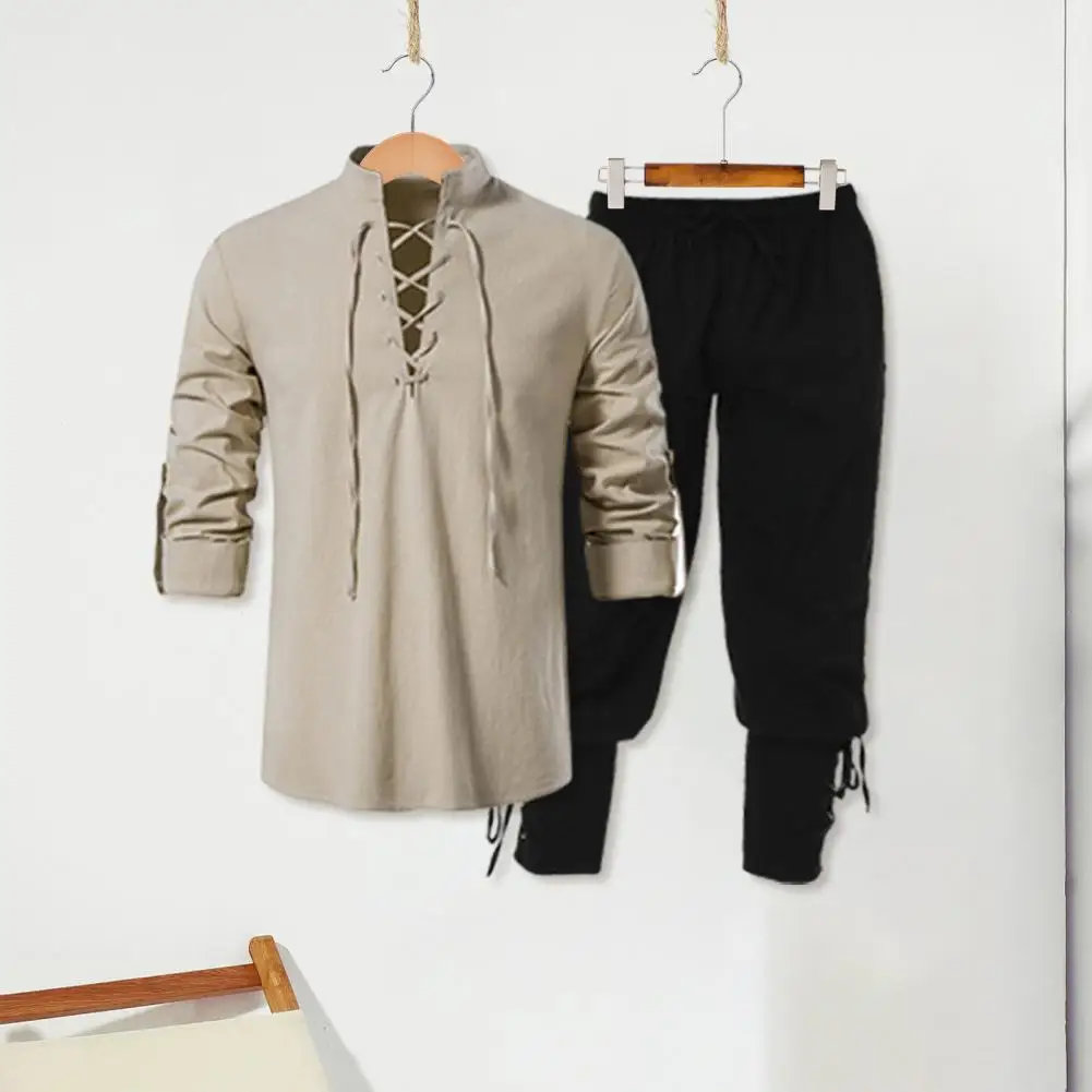 

Men Henley Shirt Renaissance Viking Style Men's Shirt Pants Set with Stand Collar Lace-up Long Sleeve Elastic Waist Harem