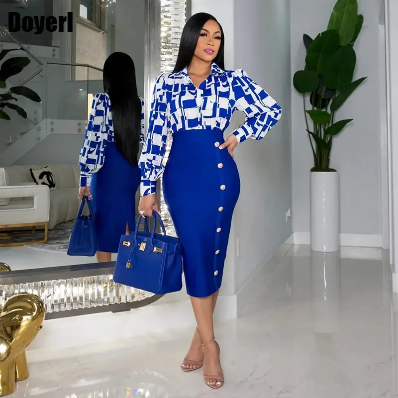 

Ladies Office Wear Chic Shirts Two Piece Suit Women Elegant Long Sleeve Print Collar Blouse Midi Skirt New In Matching Sets Work