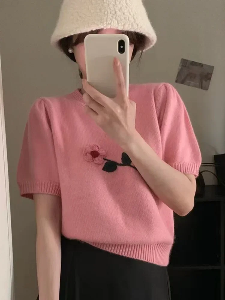 

Милые укороченные пуловеры для женщин, шикарный цветочный свитер, Женская туника с круглым вырезом и пышными рукавами, вязаный свитер, джемпер, Y2k Топы