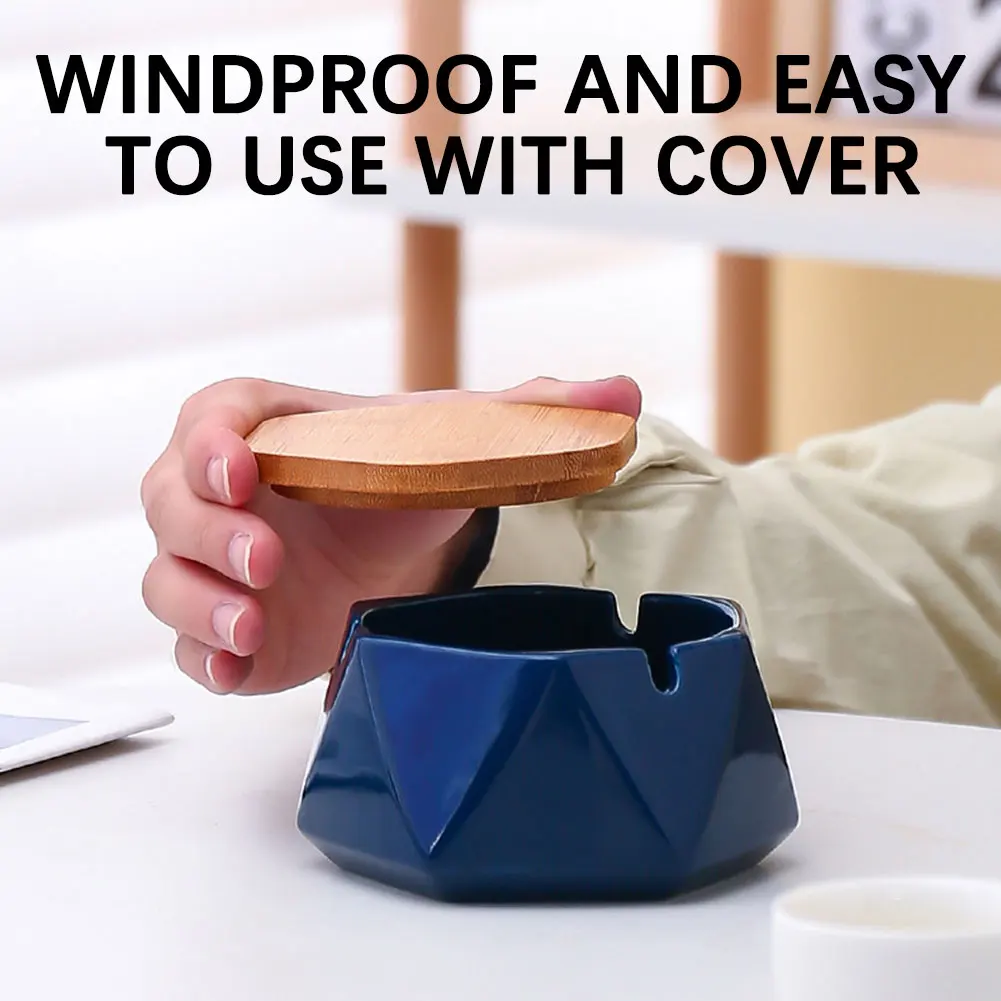 Modern Ceramics Ashtrays With Bamboo-Lid Portable Ashtrays Tray Home Decorative Desktop Ashtrays Mini Trash Can For Cigarettes