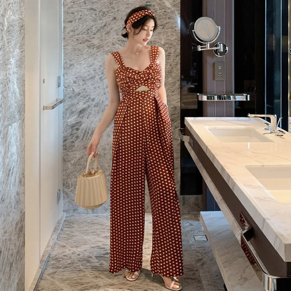 

2022 Women Summer Vintage Sling Dot Jumpsuits Rompers V-neck Wide Leg Pants Hollow Out Jumpsuit Overalls Polyester With Pocket