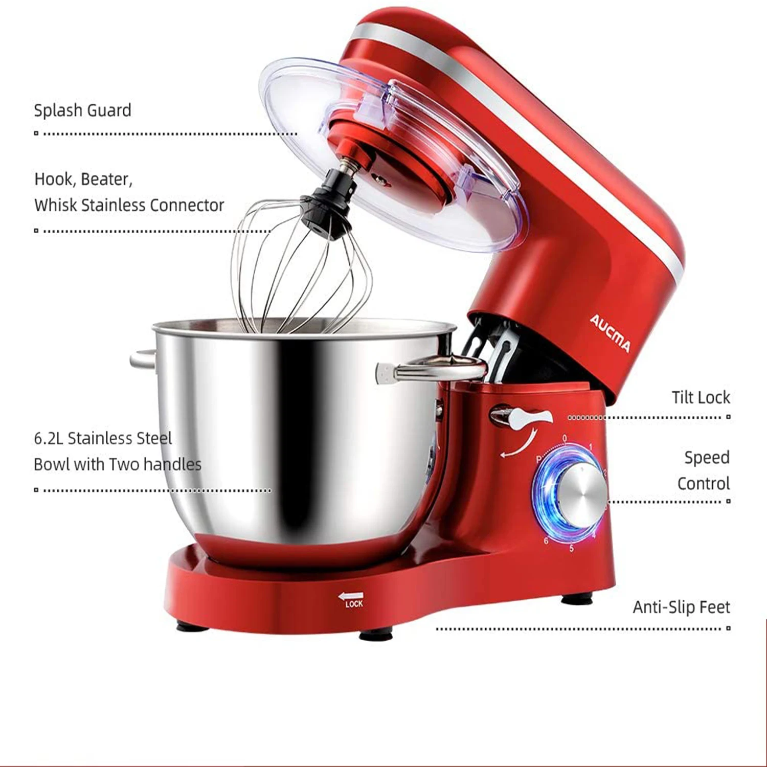 Aucma Stand Mixer, 6.2L Food Mixer, Electric Kitchen Mixer with Bowl, Dough  Hook, Wire Whip & Beater (6.2L, Blue)