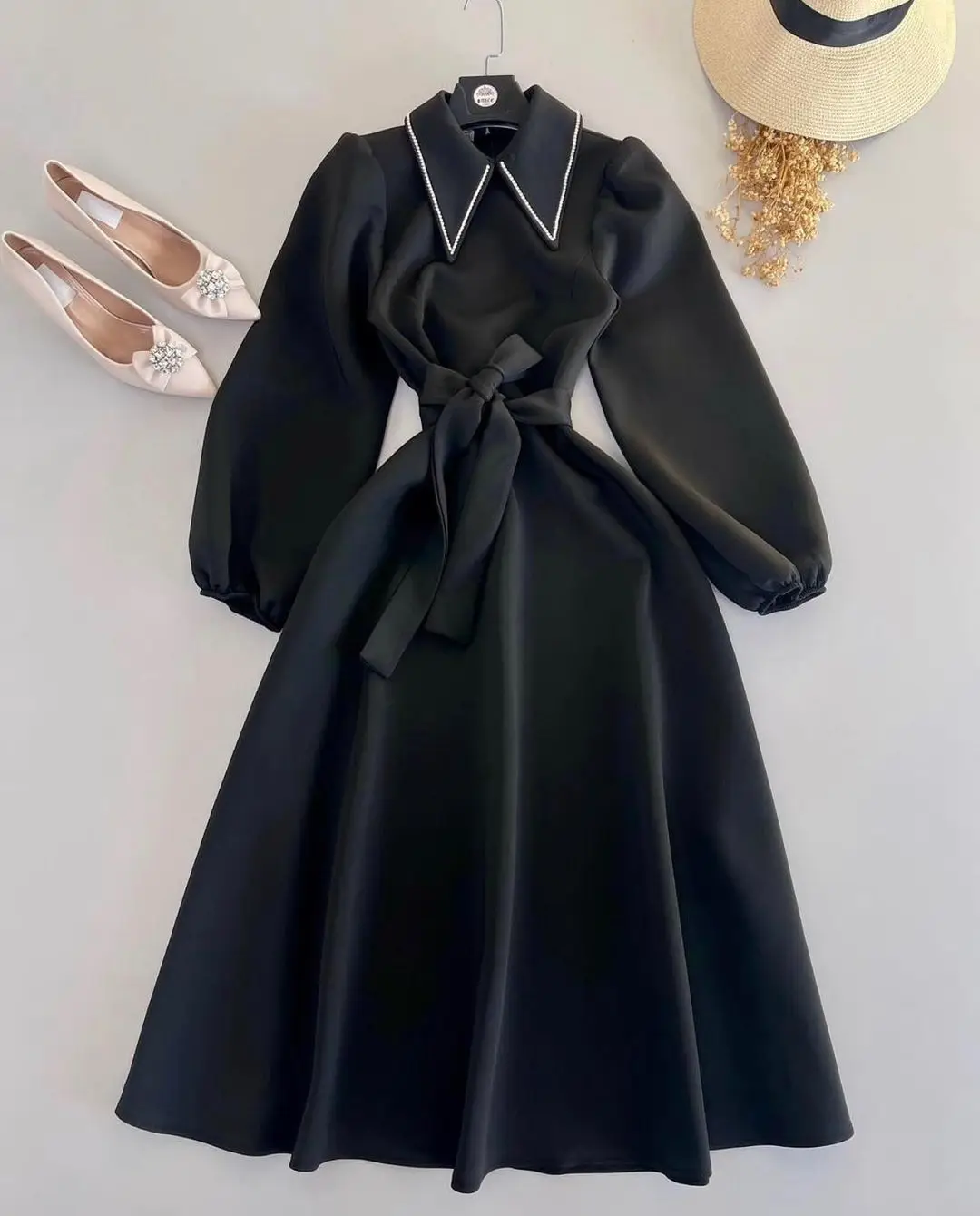 

FLORINE TULIRAIN O-neck A-line Knee-length Belt Black Satin Full Sleeve Wedding Evening Dress Cocktail Prom Gown For Sexy Women