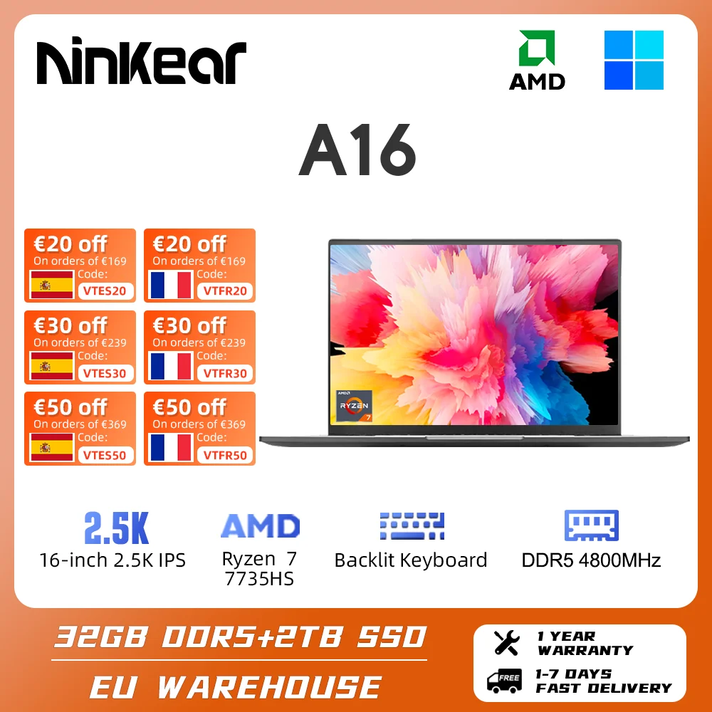 Ninkear A16 Gaming Laptop 16 Pollici Amd Ryzen 7 7735Hs 32Gb Ddr5 + 2Tb Ssd Ddr5 Dual Channel Wifi 6 Business Notebook Windows 11