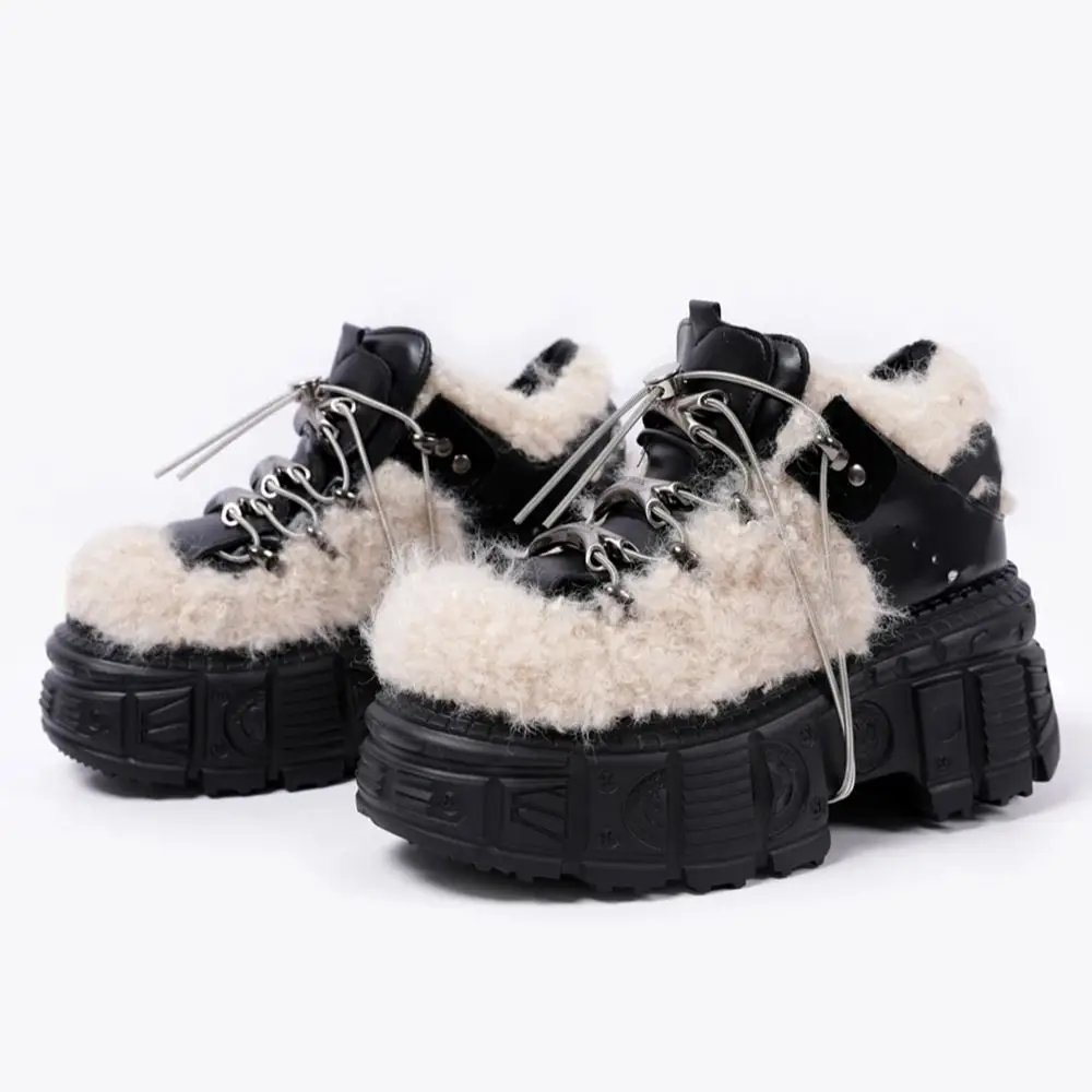 

Fur Wool Rock Punk Style Chunky Heel Ankle Boots Christmas All-Match Metal Shoelace Lace Up Boots Round Toe Platform Casual Boot