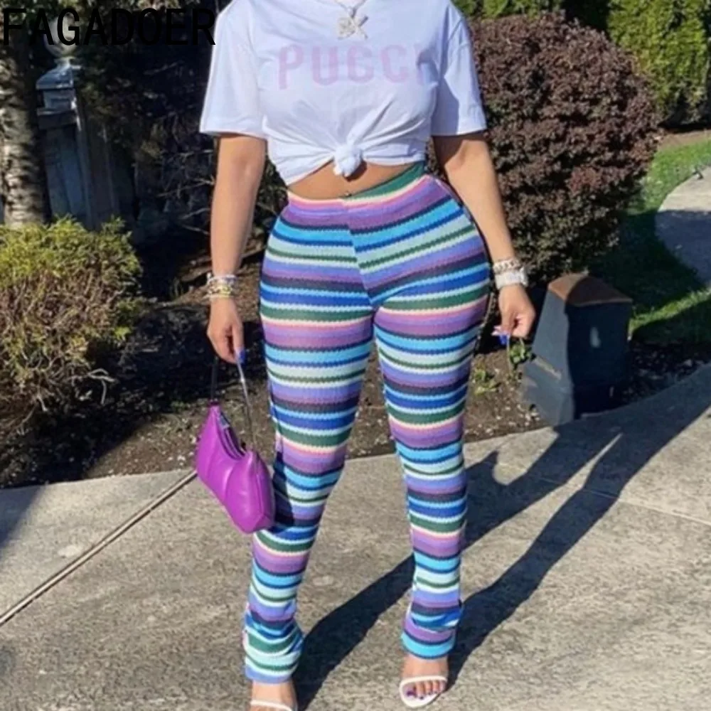 Fagadoer Fashion Y2K Knitting Stripe Printing Pantaloni Skinny Impilati Pantaloni Elasticizzati A Vita Alta Da Donna Pantaloni Casual Femminili
