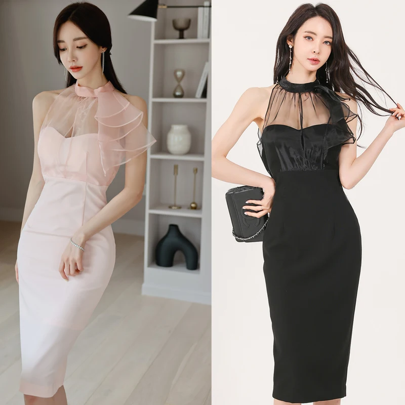 

Fashion Korean Vintage Stand Neck Sleeveless Midi Party Club Dress Ladies OL Elegant Sexy Mesh Perspective Bodycon Split Dress