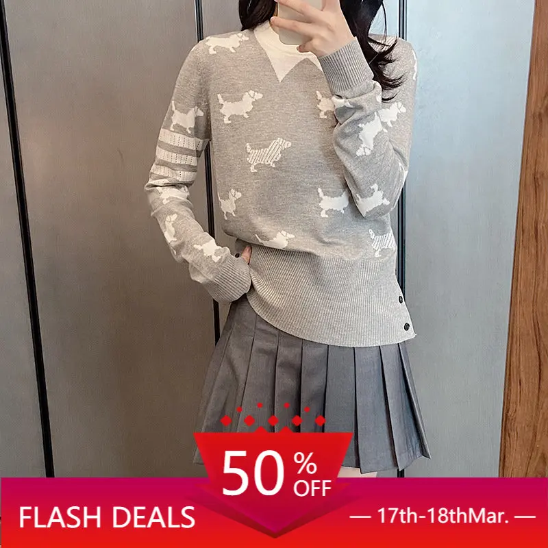 

High Quality Korean Style TB T-Shirt Academy Dog Jacquard Commuter Versatile Polo Long Sleeve Durable Loose Fit Wool Pullover