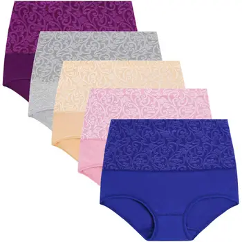 Plus Size Women's Cotton Underwear High Waisted Tummy Control Panties Full Coverage Briefs Jacquard Ladies Panty 3 Pack 1