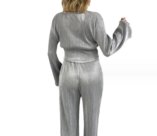 Two Piece Set Women Outfit 23 Autumn New Fashion Solid V-Neck Bubble Sleeve Top Wide Leg Pants Casual Set Temperament Commuting