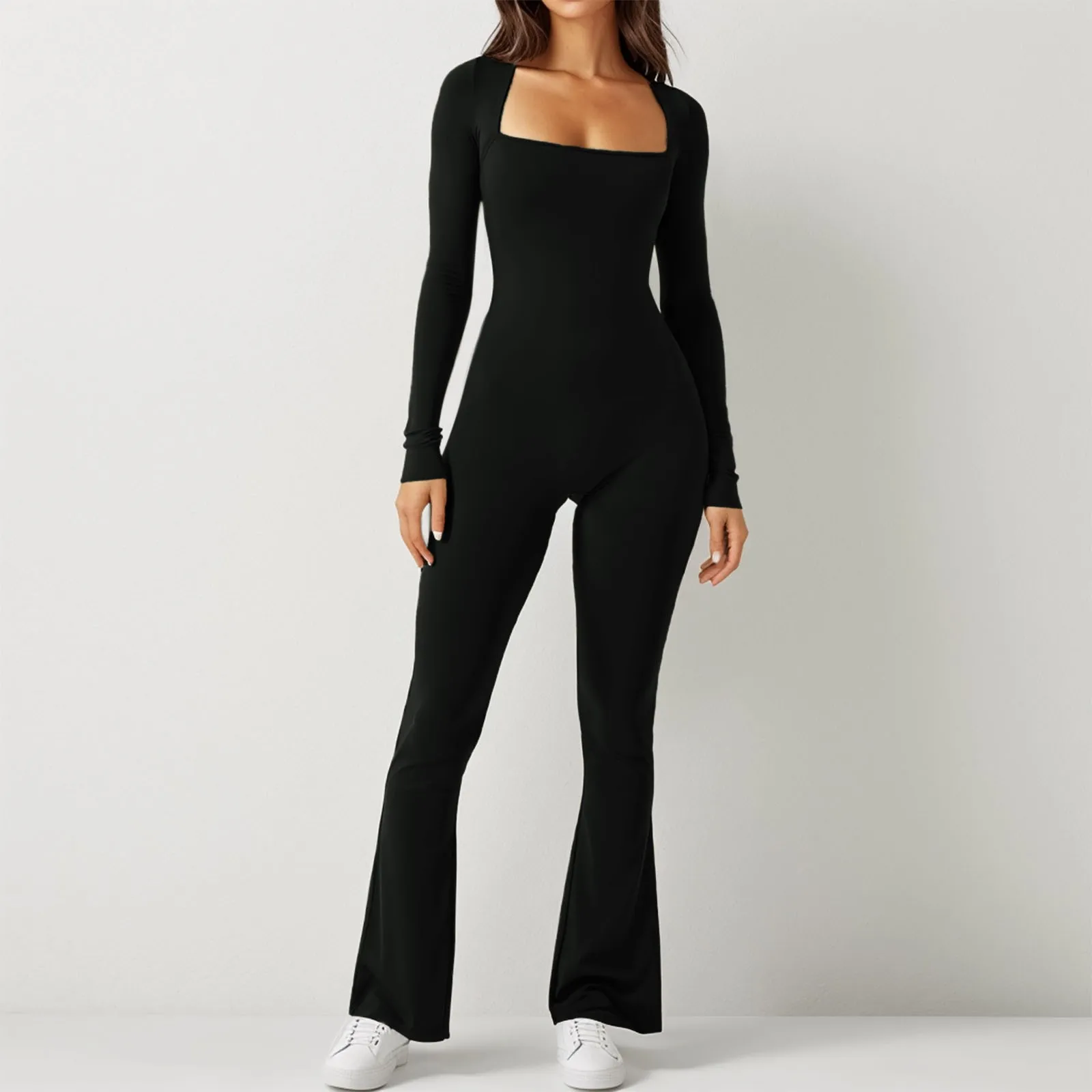 

Long Sleeve Jumpsuit Women Tight Fitting Square Neck Wide Leg Full Length Romper Playsuit Bodycon Women'S Long Overalls