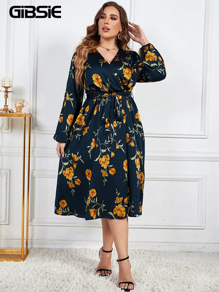 

GIBSIE Plus Size Surplice Neck Floral Print Belted A-Line Dress Women Spring Fall Vintage High Waist Long Sleeve Dresses 2023