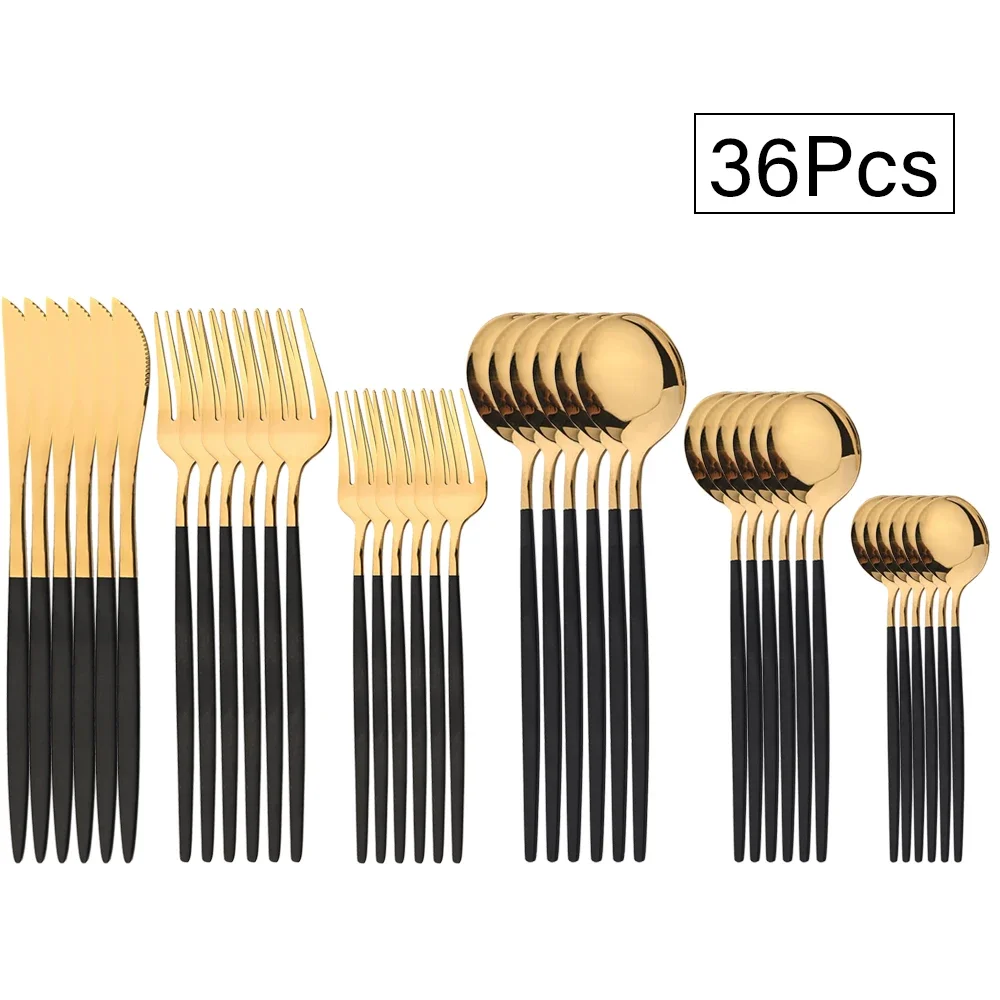 

Set Dessert Dinnerware Mirror Spoon Black Knife Stainless Tableware Korean Fork Gold Steel Cutlery 36pcs Golden Luxury