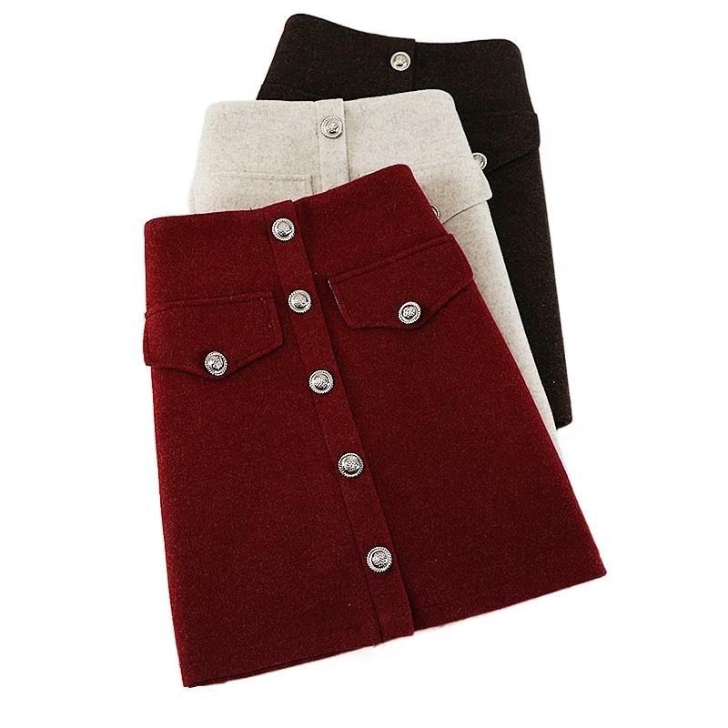 

Woolen skirt women's autumn and winter single-breasted large size retro skirt design pockets