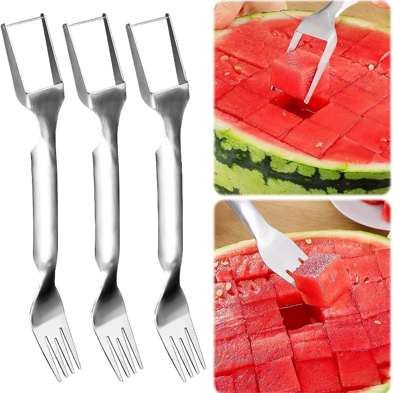 

2 In 1 Watermelon Forks Slicer Multi-purpose Stainless Steel Fruit Cutter Knife Melon Cube Cutting Ruler Tool Kitchen Gadget